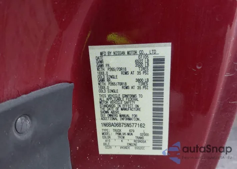 2005 Nissan Titan Le z USA, uszkodzony, nr VIN 1N6BA06B75N577162